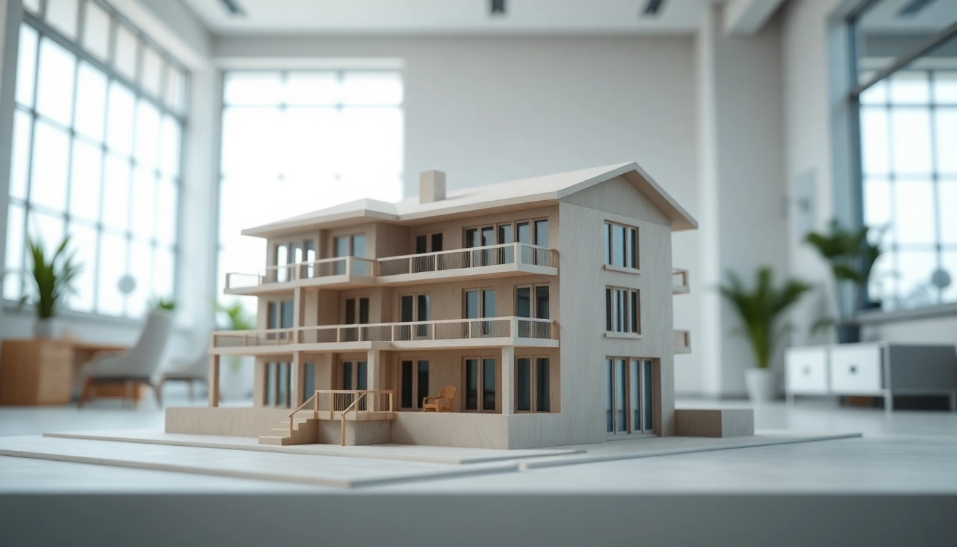 3D Visualisierung erstellen eines architektonischen Modells in modernem Ambiente.