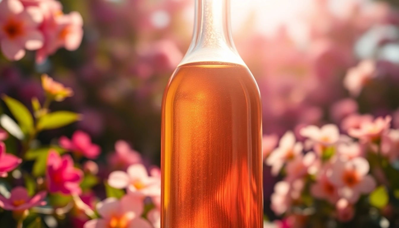 Glow Blend liquid in an elegantly designed bottle surrounded by a vibrant garden.