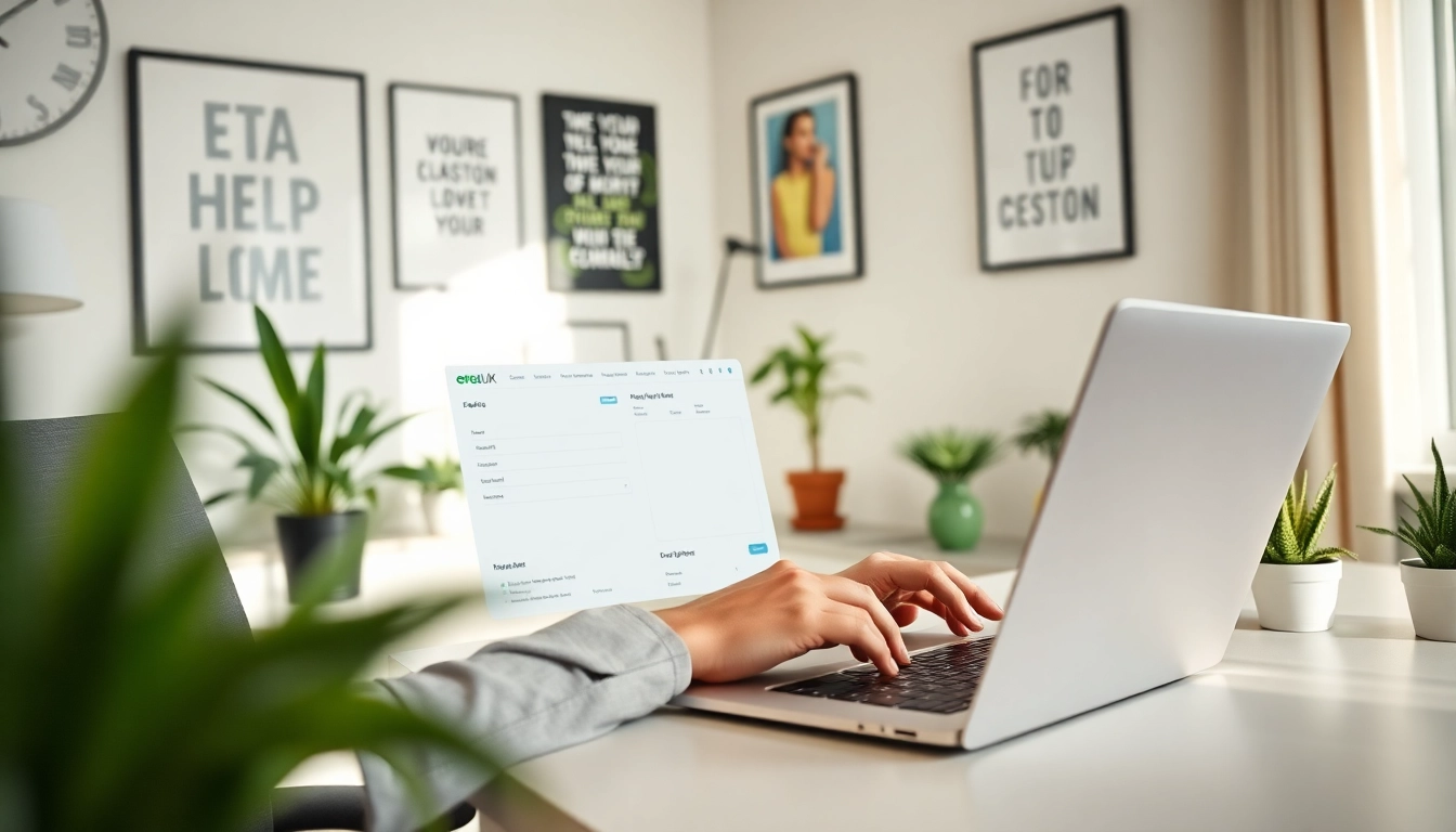 Filling out the eta uk application form with determination in a bright home office setting.