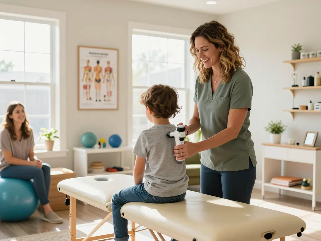 Synaptic Chiropractic's Dr. Andrea Smith providing gentle care to a child in a bright, inviting office emphasizing brain-based wellness.