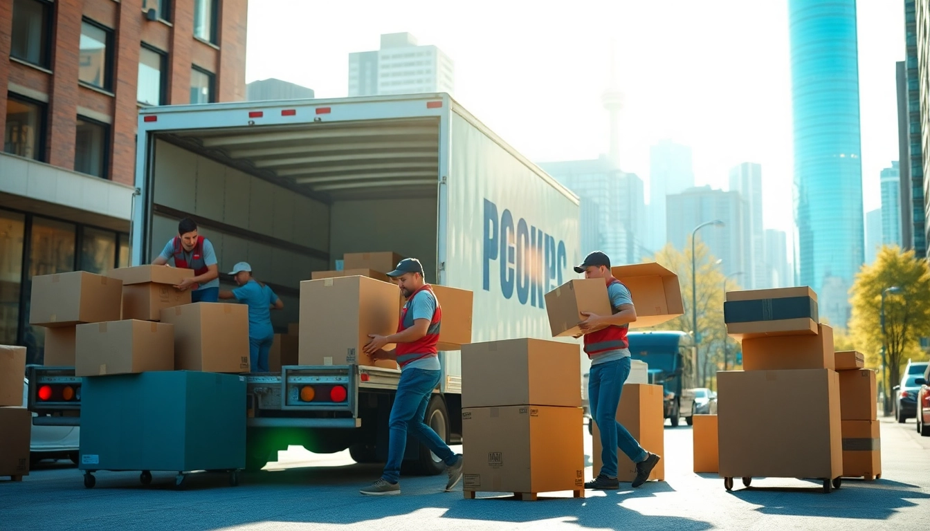 Toronto moving company professional movers packing in a sunny urban environment.