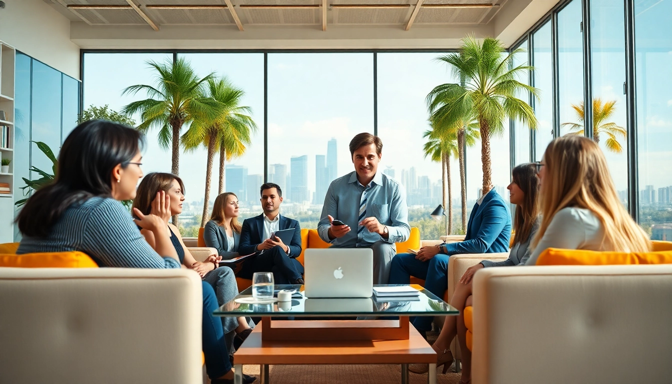 Business coach los angeles leading a team meeting in a vibrant office setting.