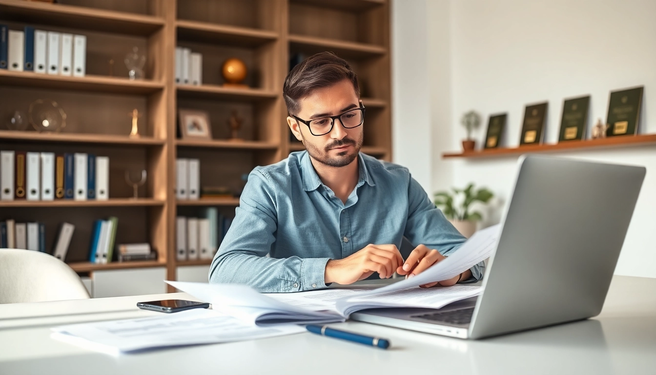 Consultant reviewing grants and pre-post award compliance in a modern office environment.