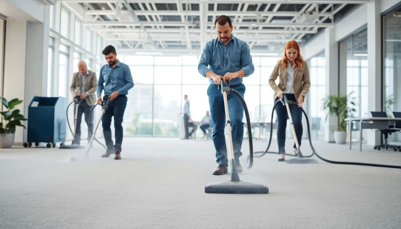 Efficient commercial carpet cleaning process demonstrated by professionals in a bright office environment.