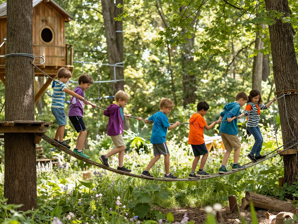Children crossing a rope bridge, promoting teamwork and outdoor fun in a vibrant forest.