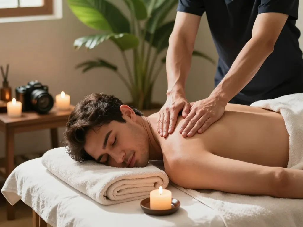 부드러운 촛불과 실내 식물이 있는 차분한 스파 환경에서 활력을 주는 포항스웨디시 마사지.