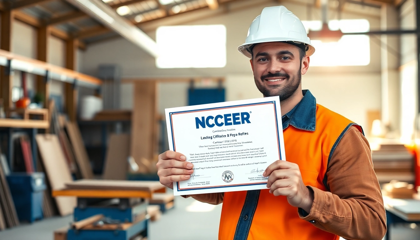 Professional construction worker displaying NCCER certification in a vibrant workshop.