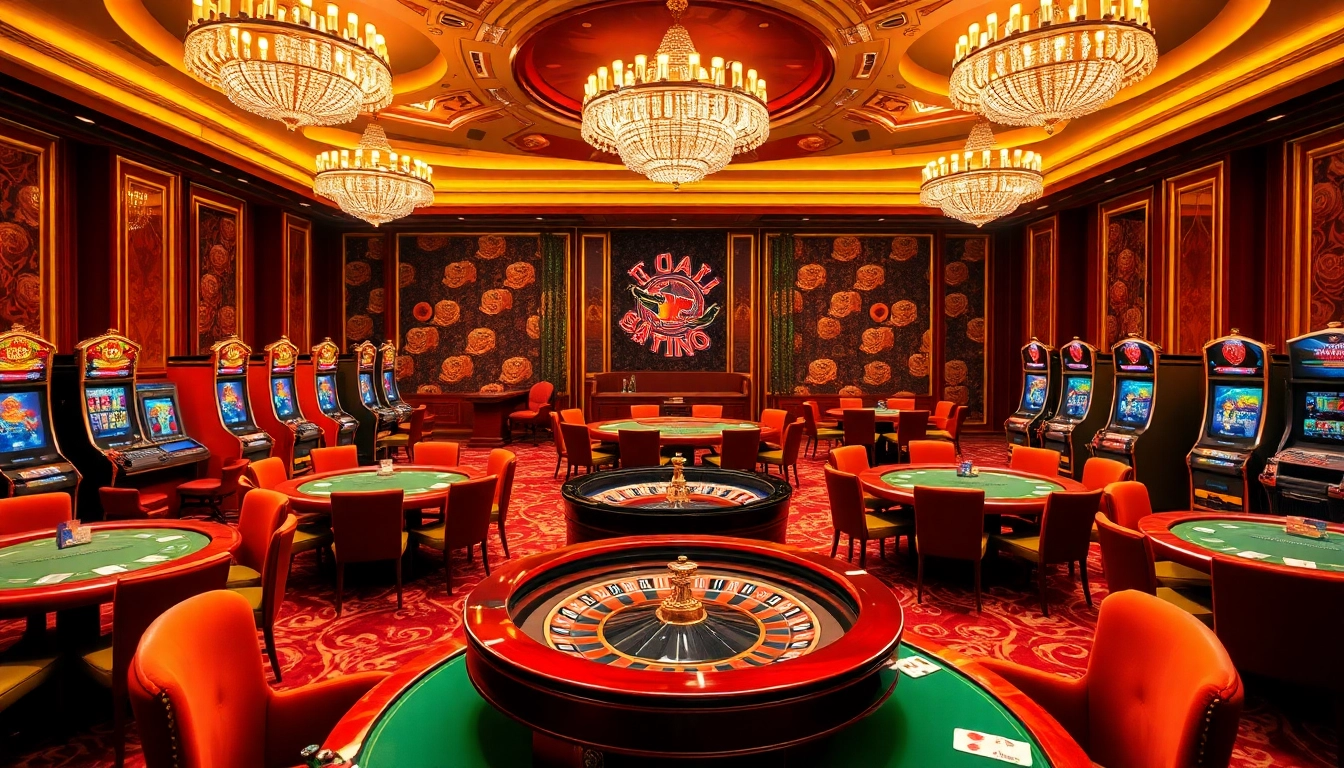 Scène engageante du meilleur casino en ligne avec des tables de poker, des machines à sous et une roue de roulette.