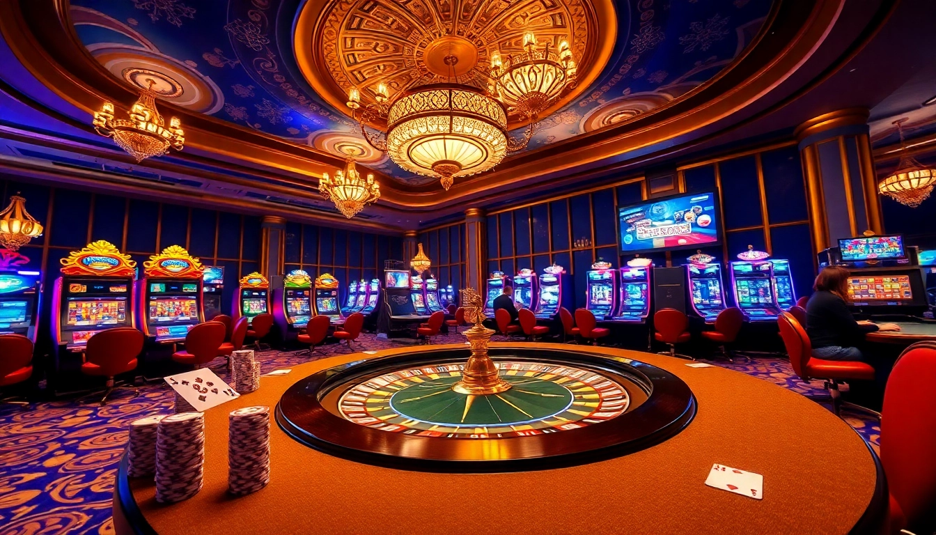Vivez l'excitation du meilleur casino en ligne avec des machines à sous vibrantes et une table de roulette dans un casino luxueux.