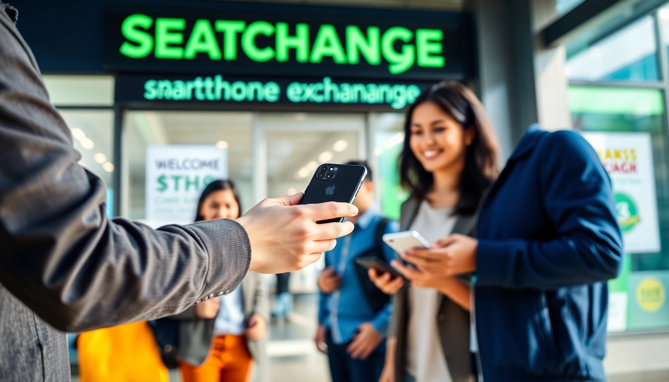 Trade in phone for cash with satisfied customers exchanging devices in a vibrant urban scene.