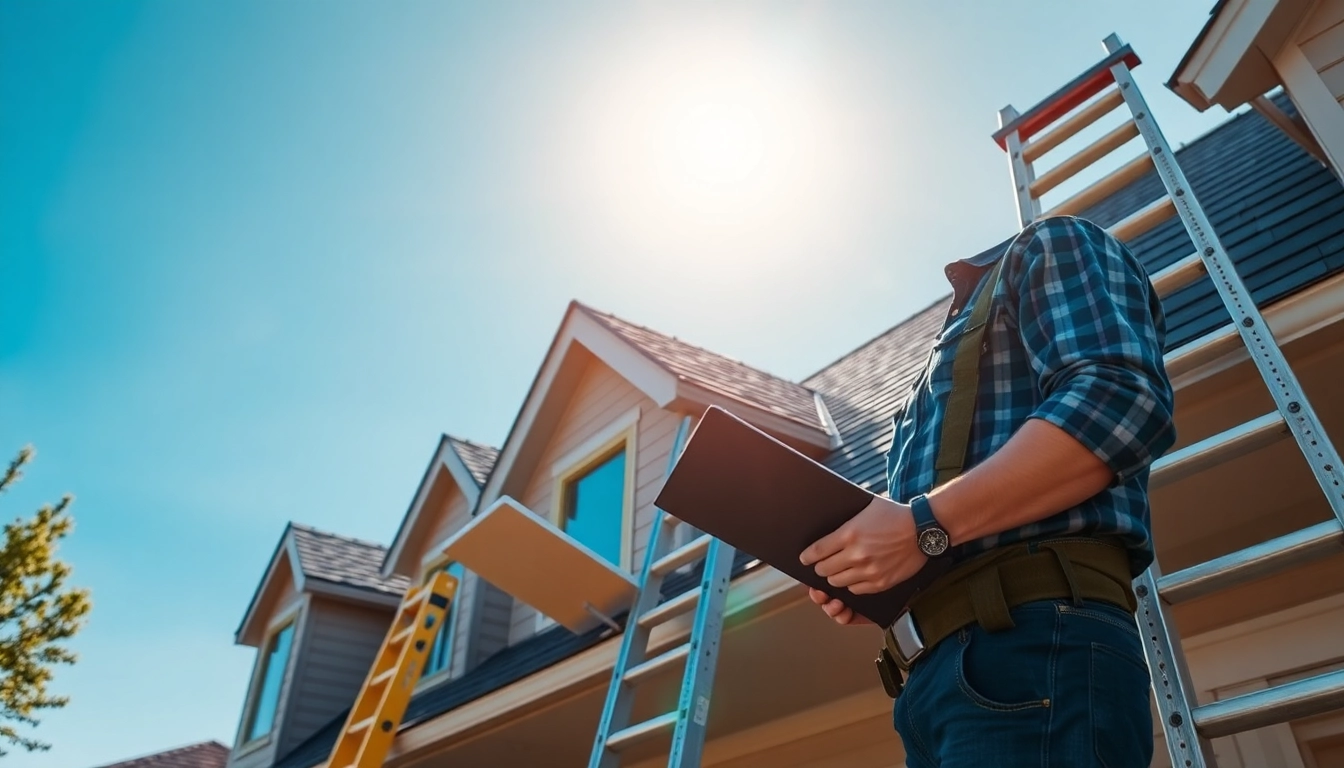 Roofer performing essential roof repair in a bright suburban environment.