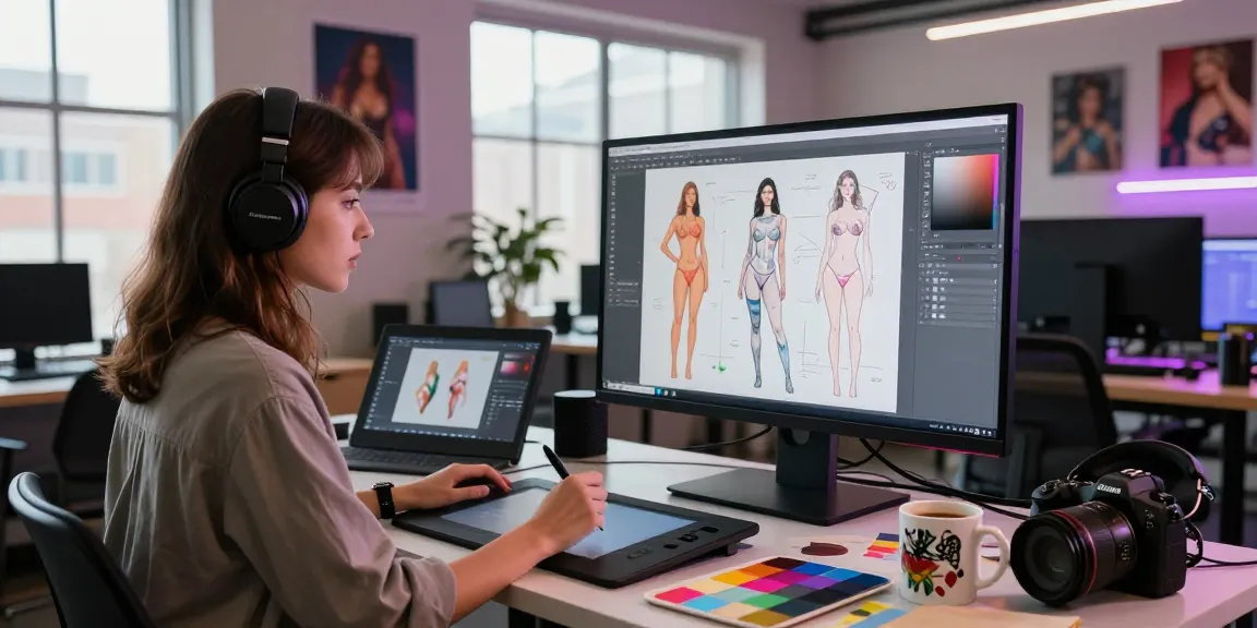 AI porn art creation in a vibrant digital studio with an artist focused on intricate illustrations and advanced technology.