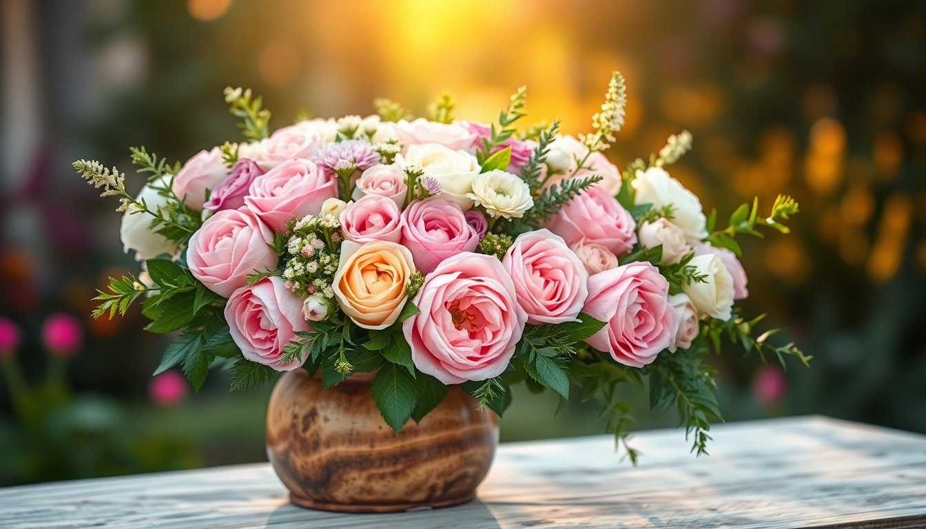 Beautiful arrangement of wedding flowers showcasing vibrant roses and peonies in a rustic vase.