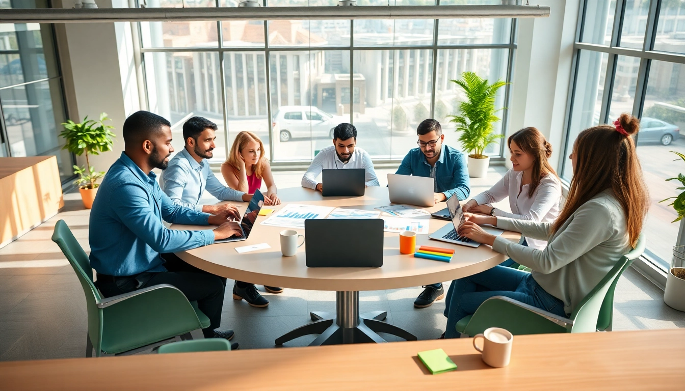 Engaged professionals strategizing online marketing edmonton in a vibrant, collaborative workspace.