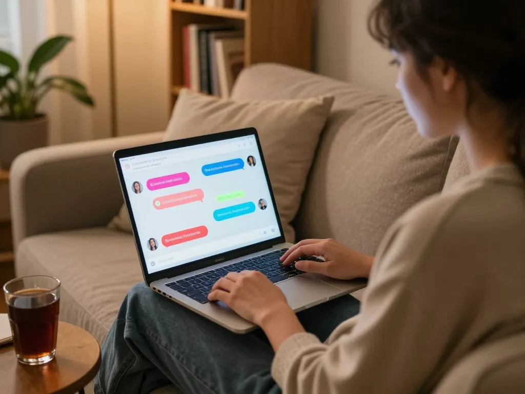 Interactive sex chat AI session on a laptop displaying colorful chat bubbles in a cozy room setting