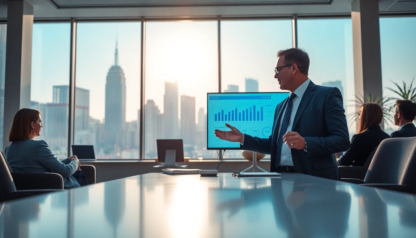 Crisis management consultant presenting strategies in a modern office during a critical meeting.