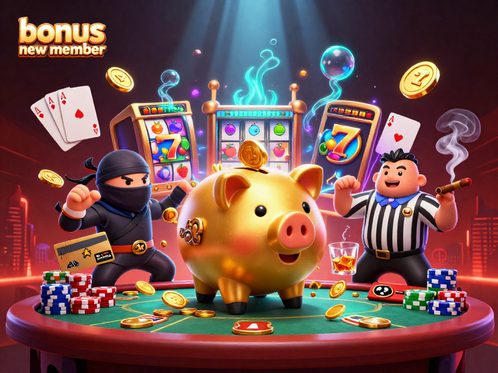 Engaging 3D scene showcasing a golden piggy bank sumo wrestler celebrating bonus new member rewards in an online casino.