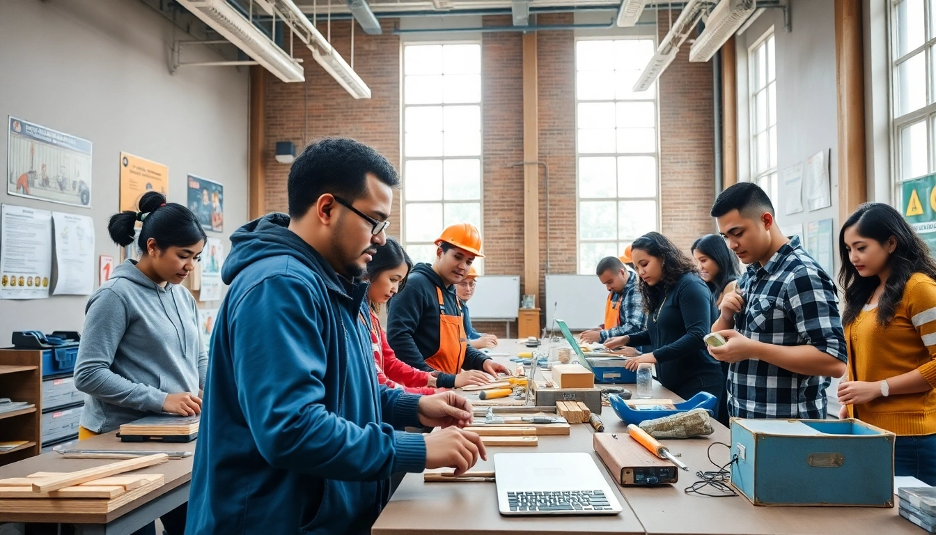 Engaging scene of diverse learners participating in construction training programs with hands-on tools.