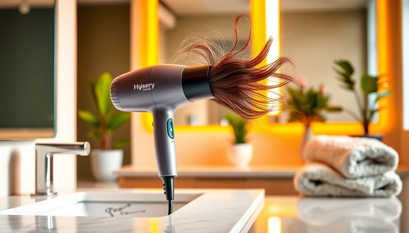 Transform frizzy hair with a professional hair dryer for frizzy hair showcased in a trendy bathroom.