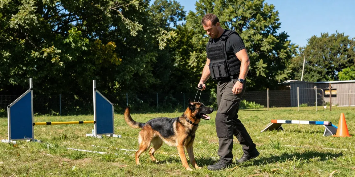ROKOK88 K9 training scene with a trainer and dog in action, showcasing tactical gear.
