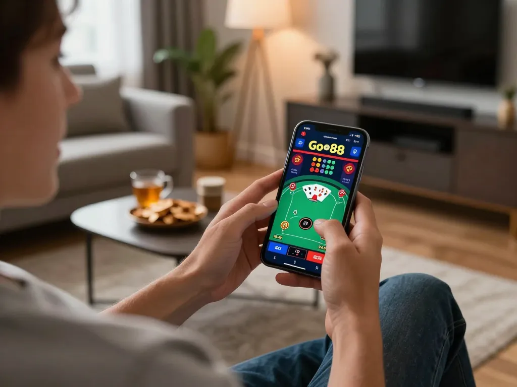 Experience thrilling gameplay with Go88 on a smartphone in a cozy home setting
