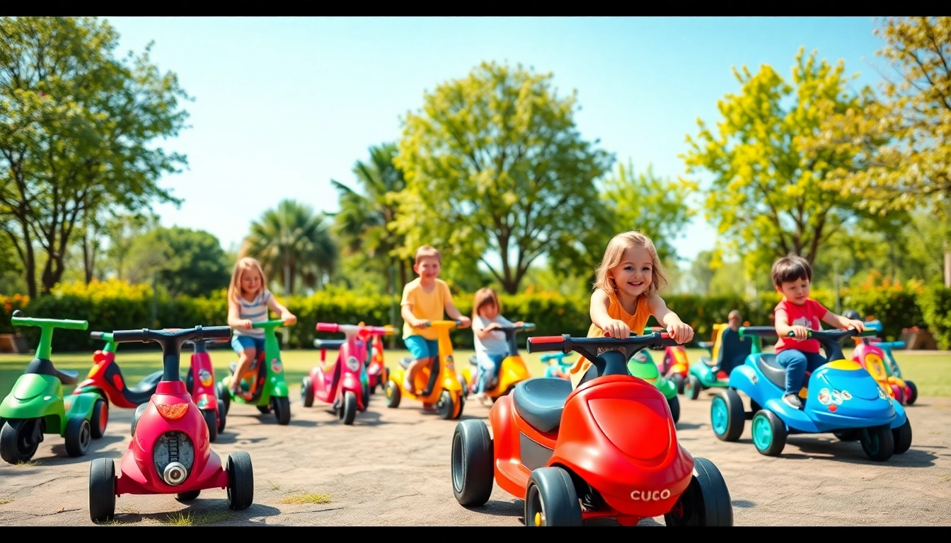 Children playing with ride on toys in a sunny park, emphasizing joy and adventure.