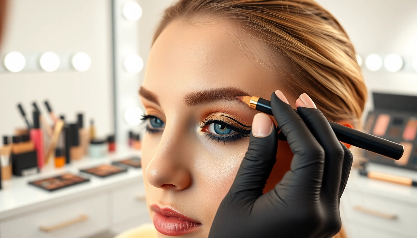Applying a tattoo eyeliner pen for precise makeup looks on model's eyes