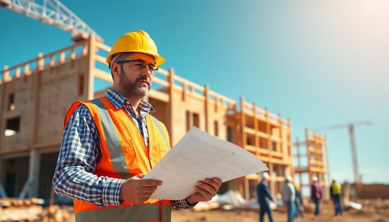 New Jersey General Contractor supervising a busy construction site with workers and blueprints.