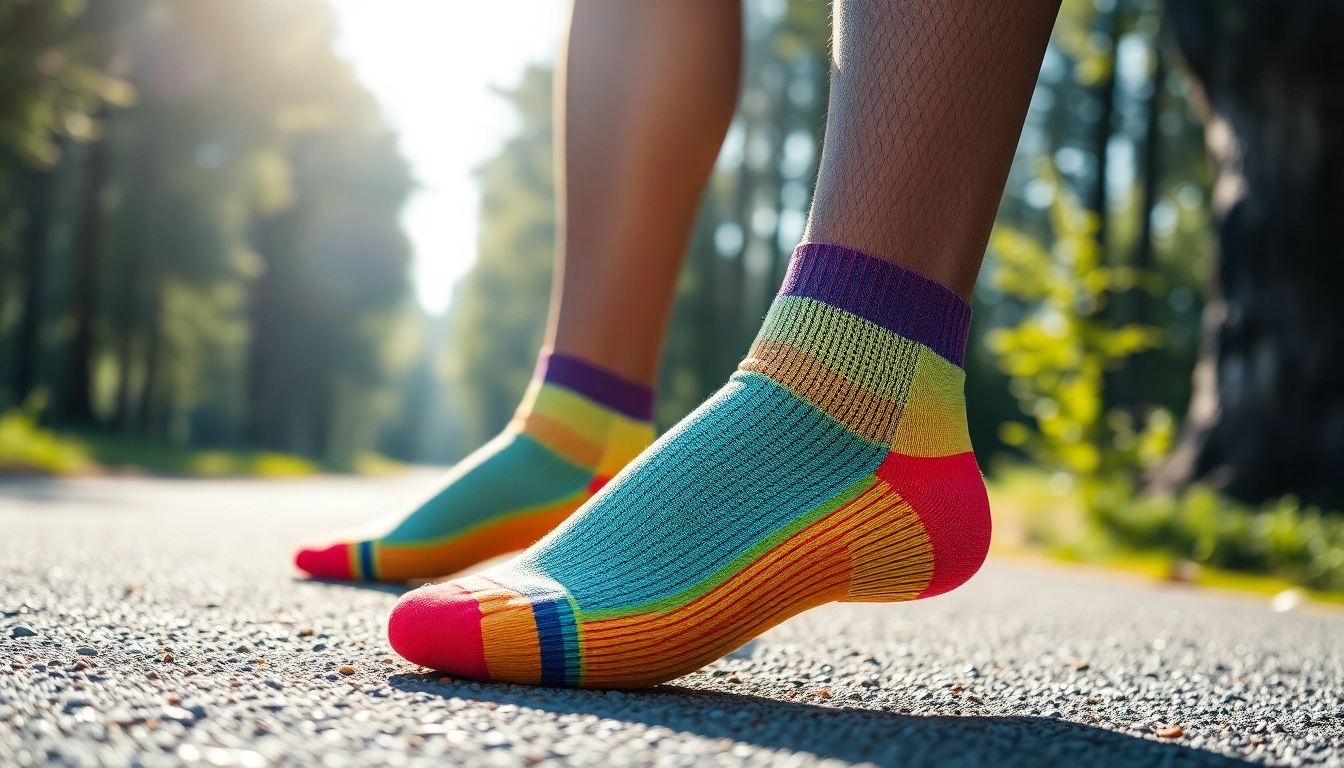 Running socks displayed in a vibrant trail setting, showcasing comfort and advanced design details.