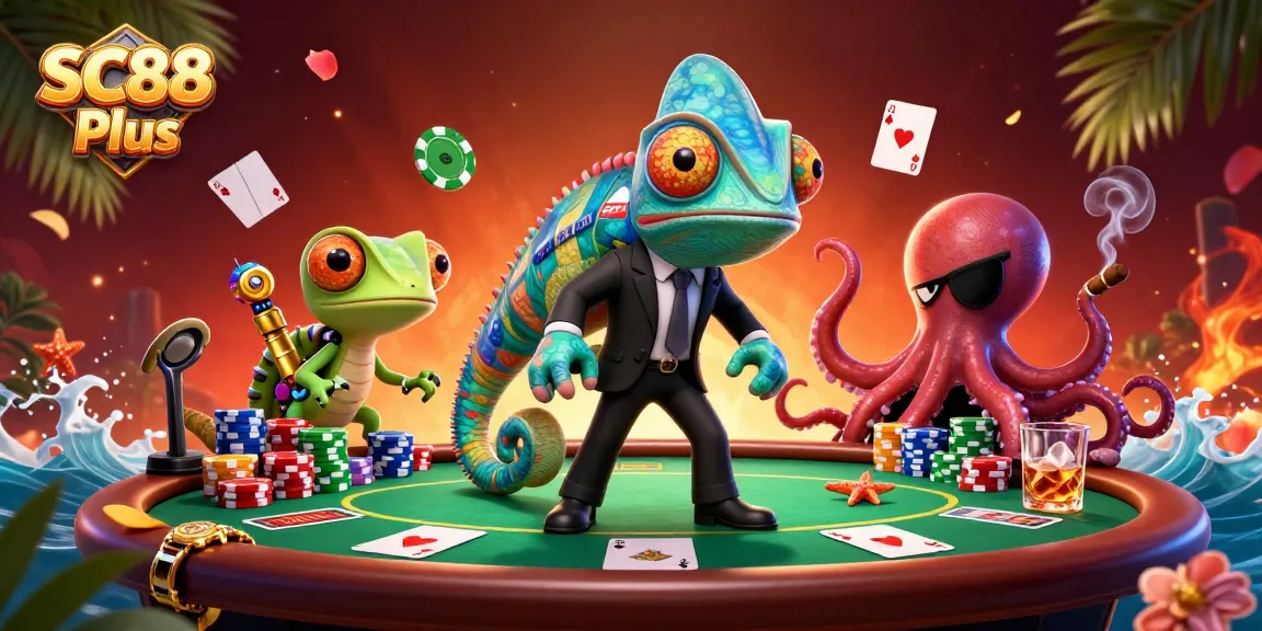 Engage in thrilling casino action with SC88 Plus's vibrant characters at a poker table.