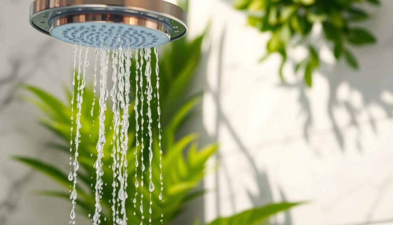 Enjoying a rejuvenating sunny shower with cascading water droplets in a bright bathroom.