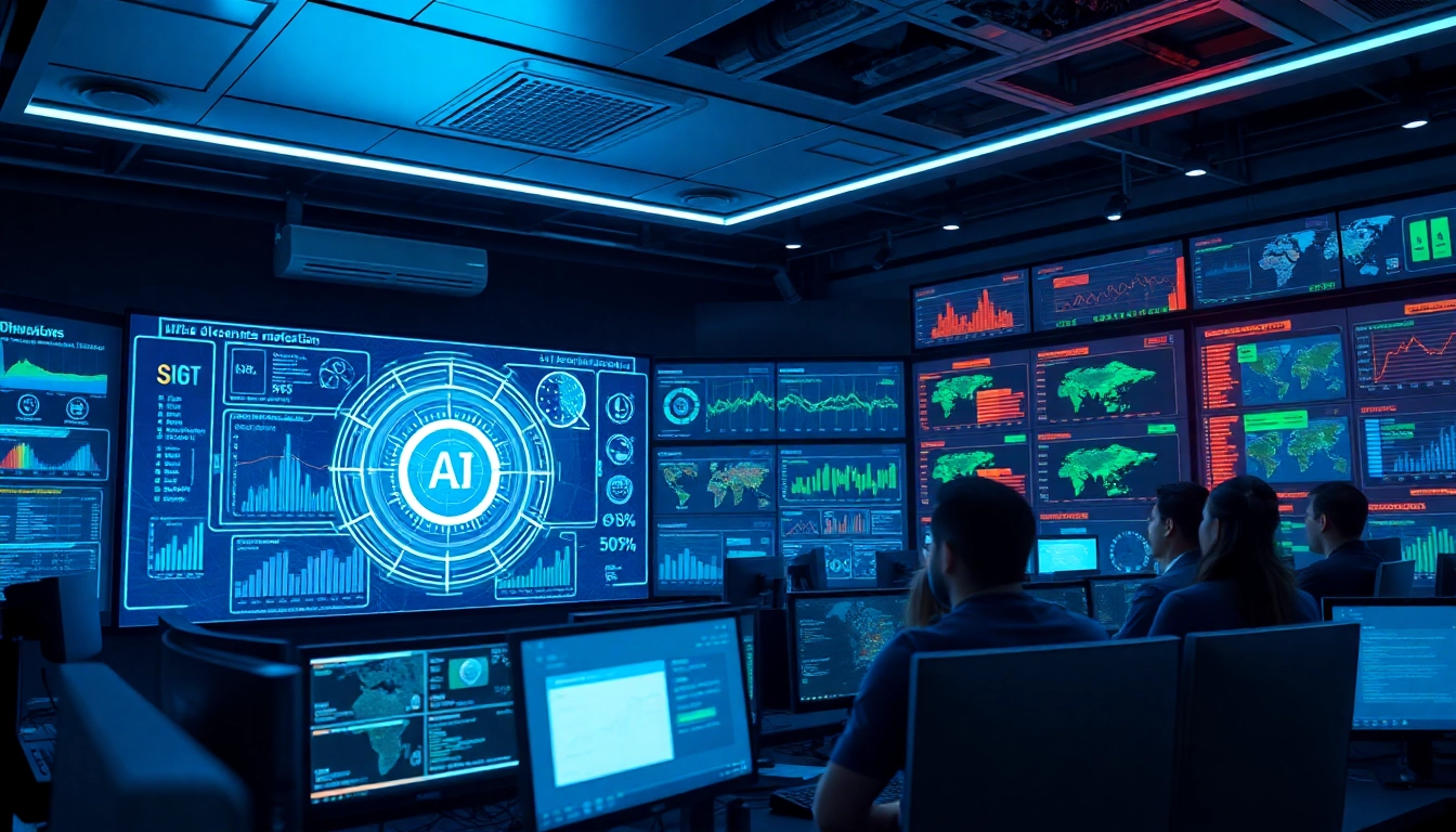 Cybersecurity AI professionals analyzing real-time threat data in a high-tech control room.