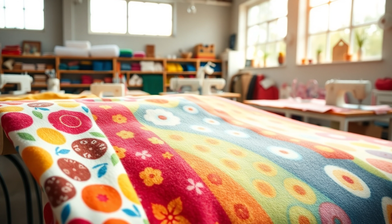 Bekijk fleece prints in verschillende levendige patronen op een stoffen rol.