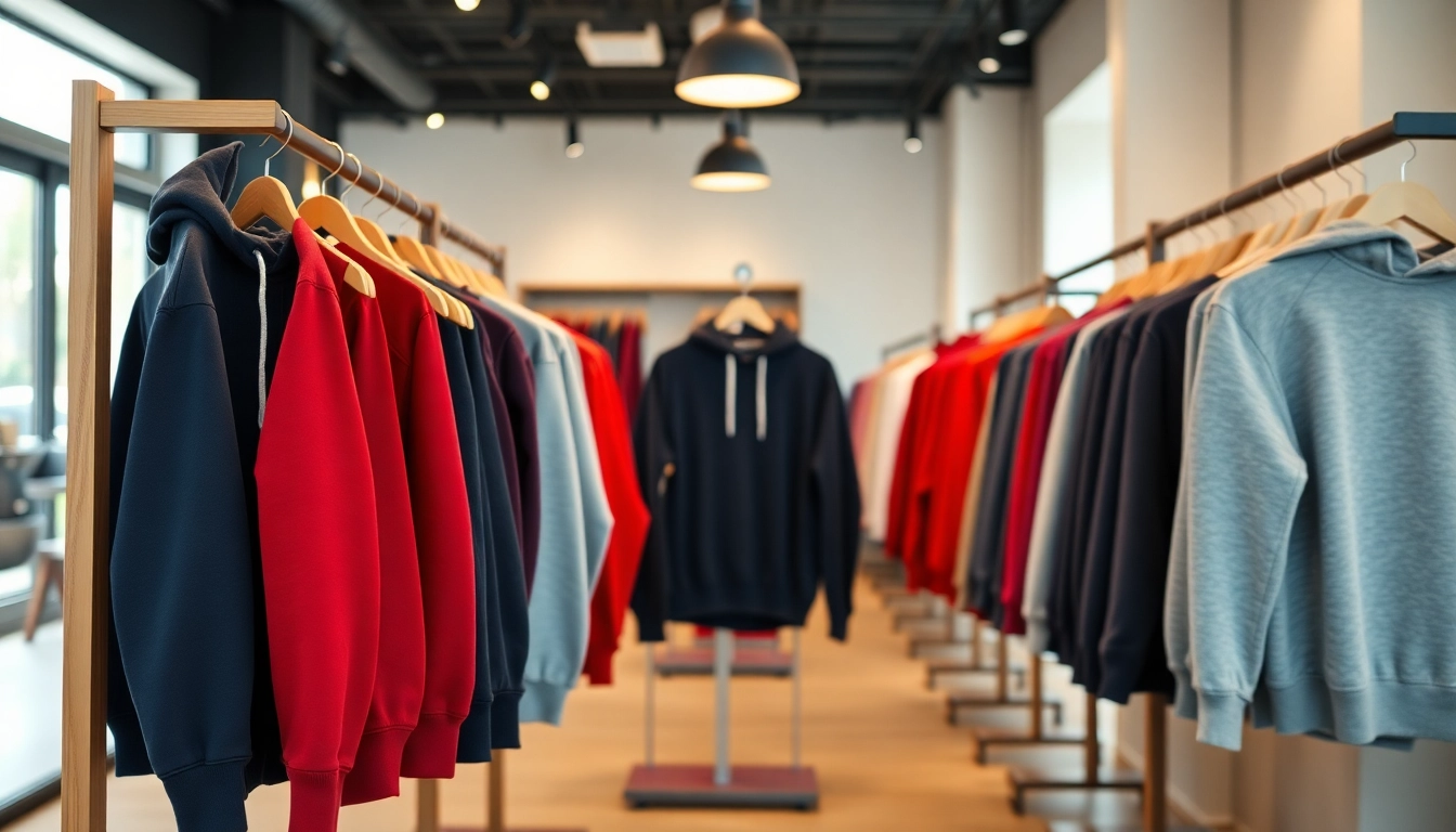 Showcase of high quality blank hoodies in a minimalist boutique environment.