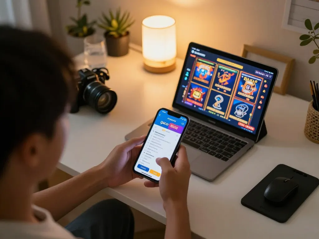 Engaging player using mobile app for link gacor slots in cozy home setting