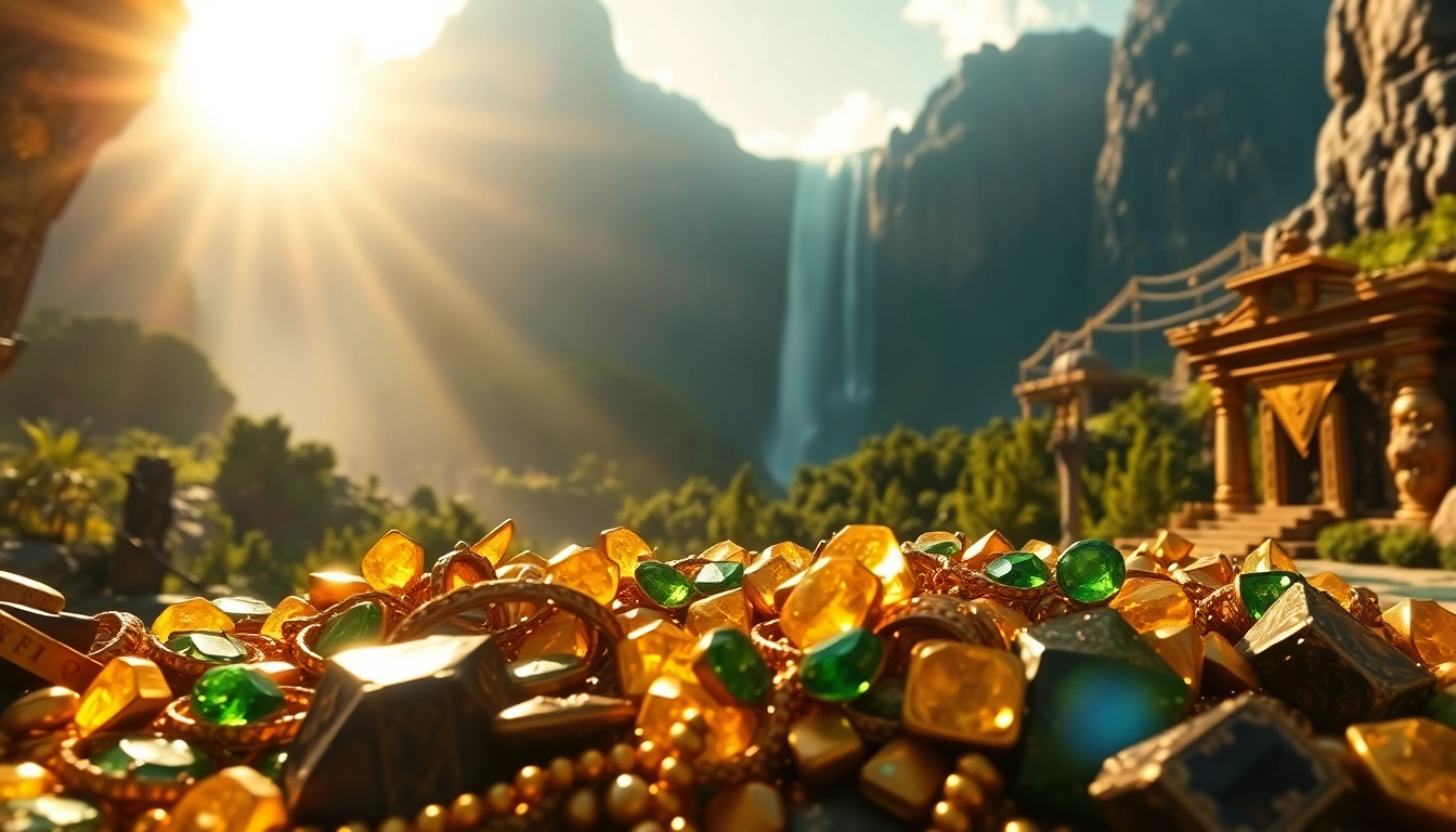 Visual representation of King Solomon's Mine with golden artifacts and a serene waterfall backdrop.
