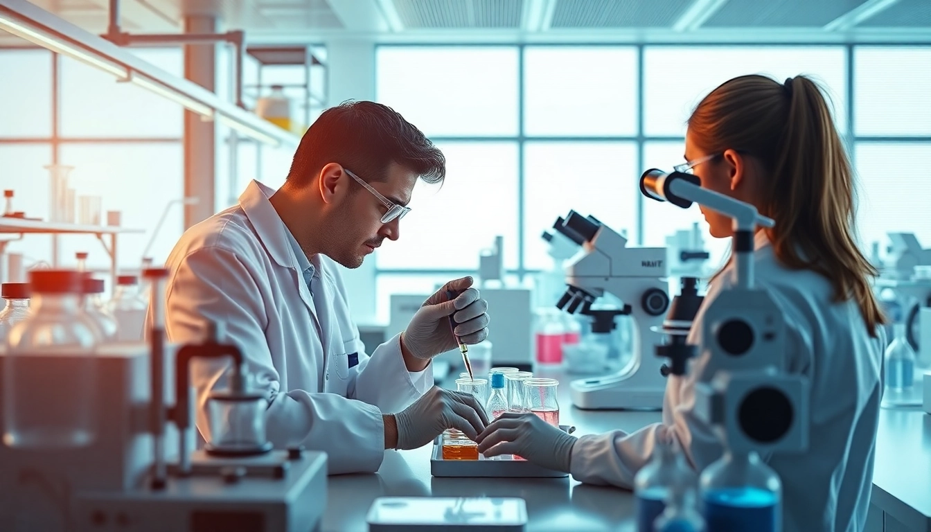 Dynamic laboratory scene showcasing researchers analyzing WIN55 cannabis compounds with advanced scientific equipment.