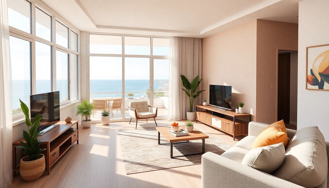 Cozy interior of an apartment for rent in Alanya, Turkey with a view of the Mediterranean coast.