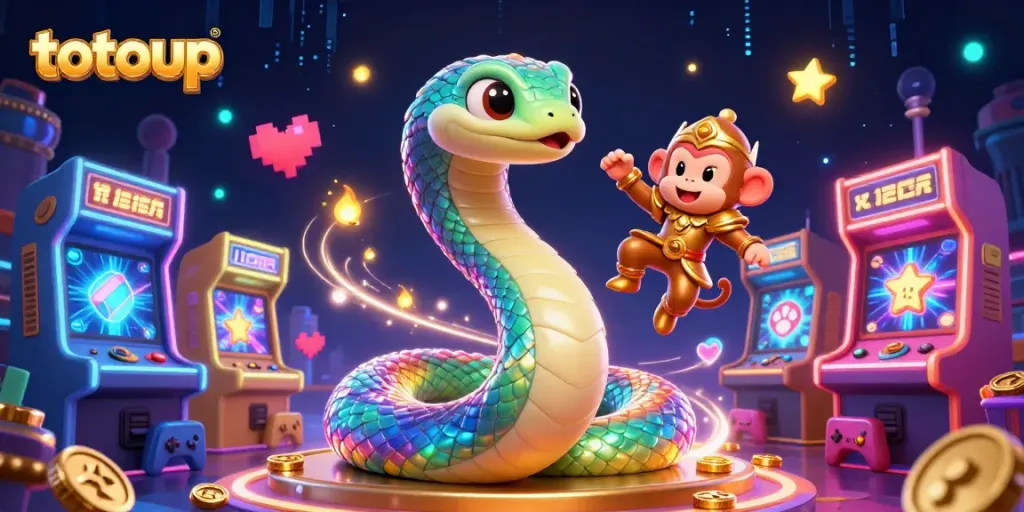 Engage with totoup's captivating casino-themed adventure featuring dynamic 3D characters surrounded by vibrant game elements.