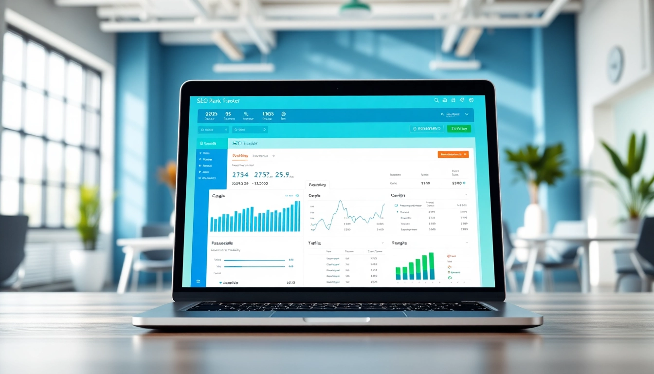 Analyze performance with a comprehensive SEO Rank Tracker interface in a modern workspace.