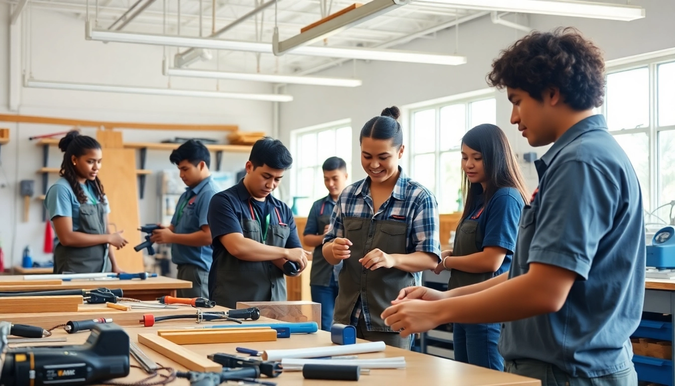 Students actively learning at hawaii trade schools in a bright workshop setting.