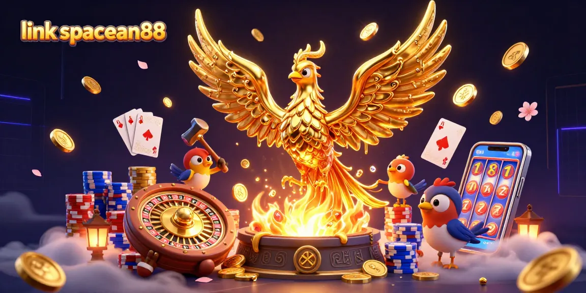 Experience luck and excitement with link spaceman88's golden phoenix jackpot illustration featuring casino elements.