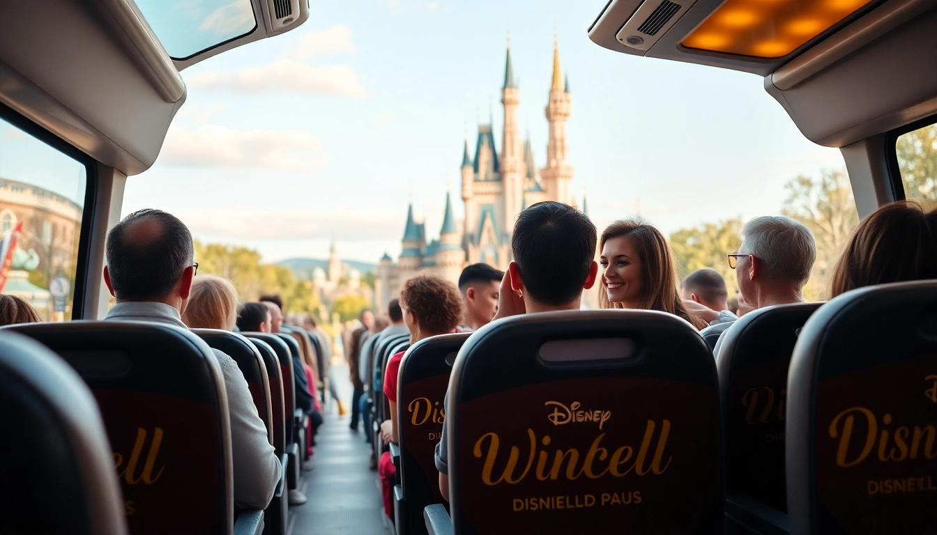 Family enjoying Disneyland Paris airport transfer services in a cheerful shuttle heading to the park.
