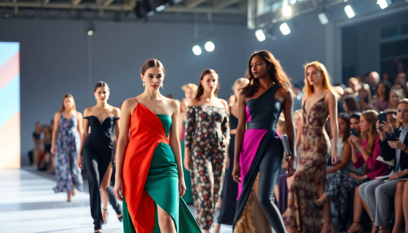 Captivating fashion models on a vibrant runway, showcasing the latest Fashion trends.