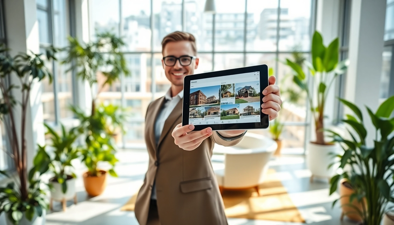 Engaging real estate agent presents properties in a modern office space filled with natural light.