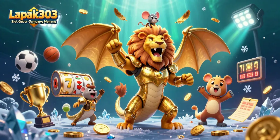 Experience Lapak303 Slot Gacor Gampang Menang with a vibrant illustration showcasing action-packed slot gaming elements.