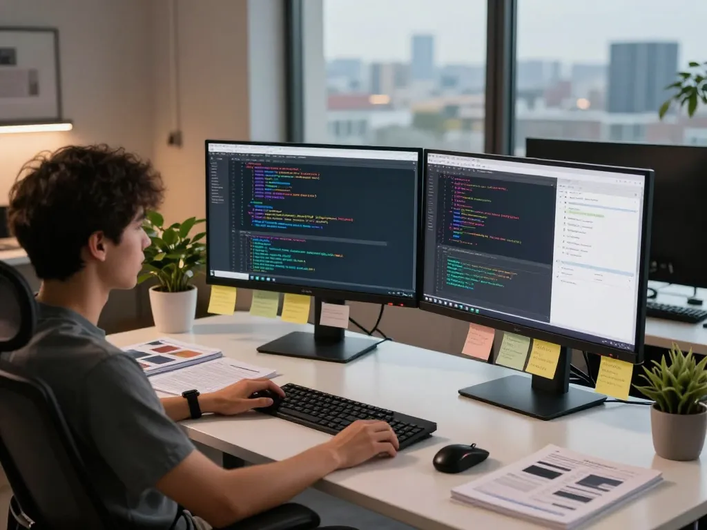 Developer coding in a vibrant workspace showcasing clawdbot ai's software capabilities with dual monitors and a modern ergonomic setup.