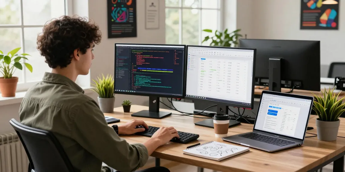 Developer coding at a workstation in a bright office, focused on projects involving 纸飞机官网.