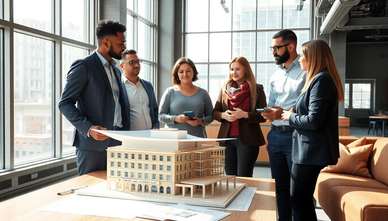 New York General Contractor team reviewing architectural plans in a modern office setting.