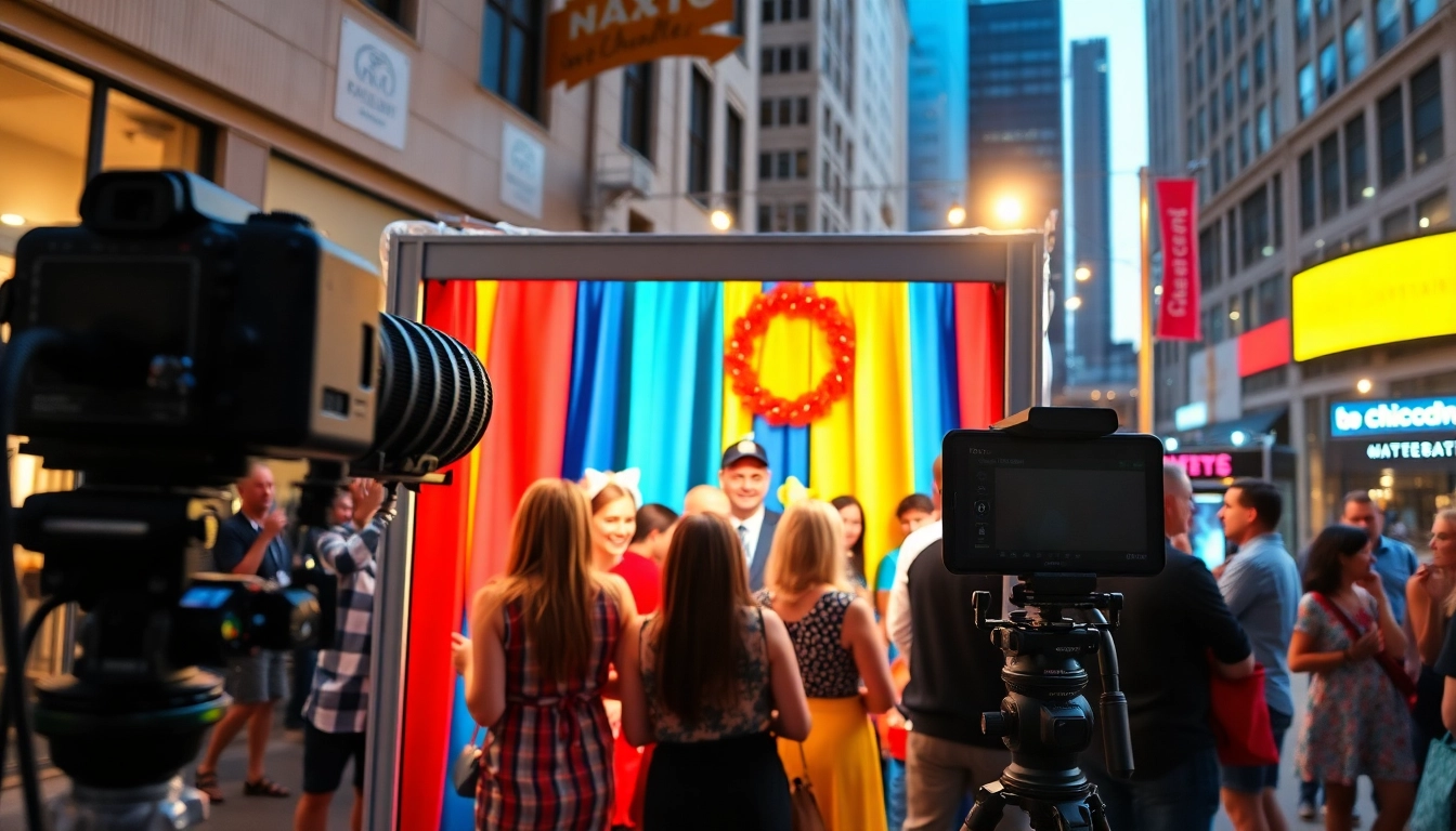 Guests enjoying a vibrant photo booth chicago experience with colorful props at an event.